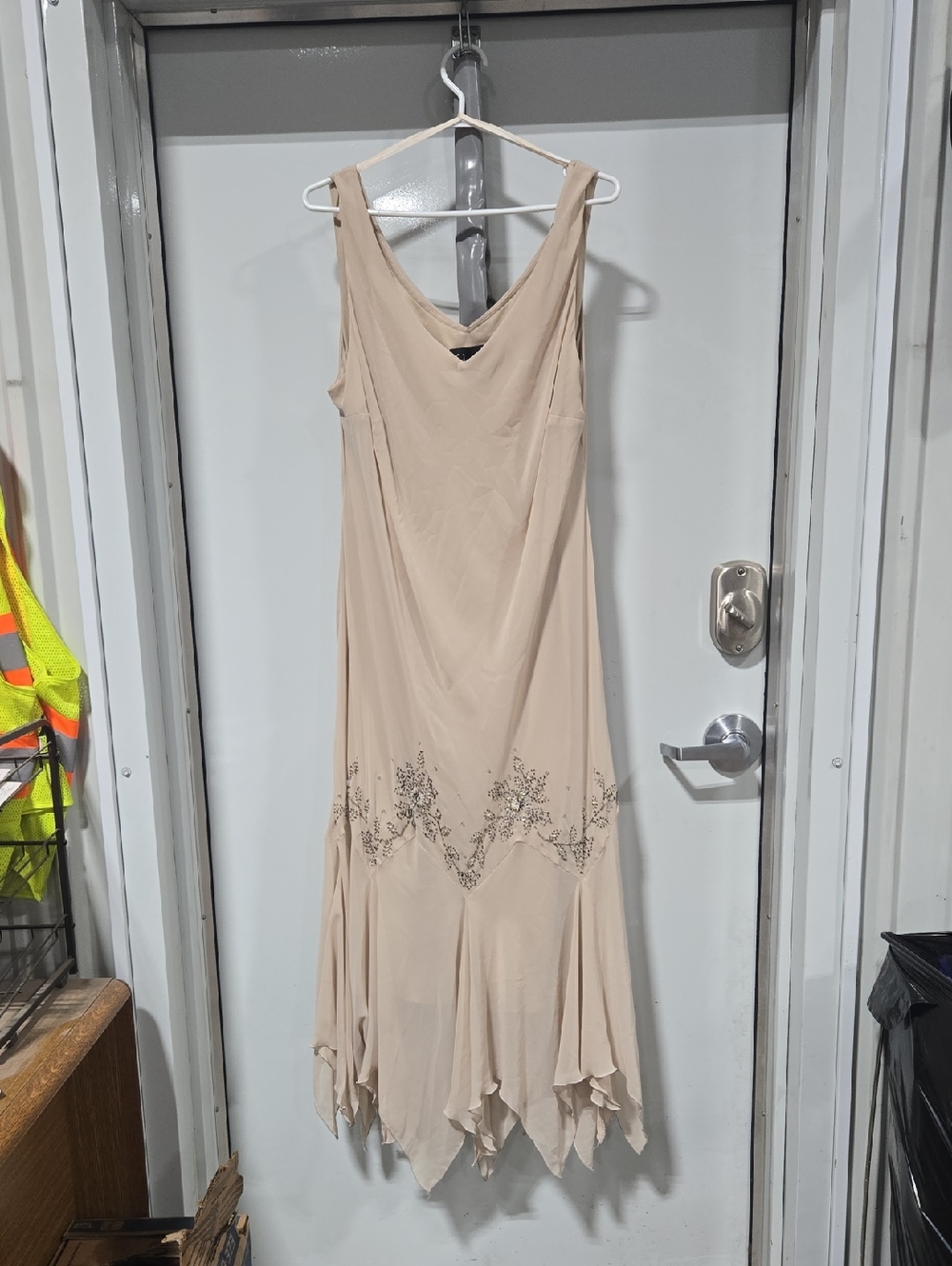 S.L. Fashions Cream Beaded Asymmetrical Handkerchief Hem Dress